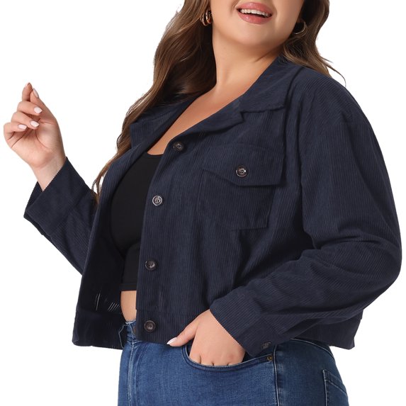 DARING DIVA Women's Plus Size Button Down Long Sleeve Shacket Jacket 1X Navy Blue