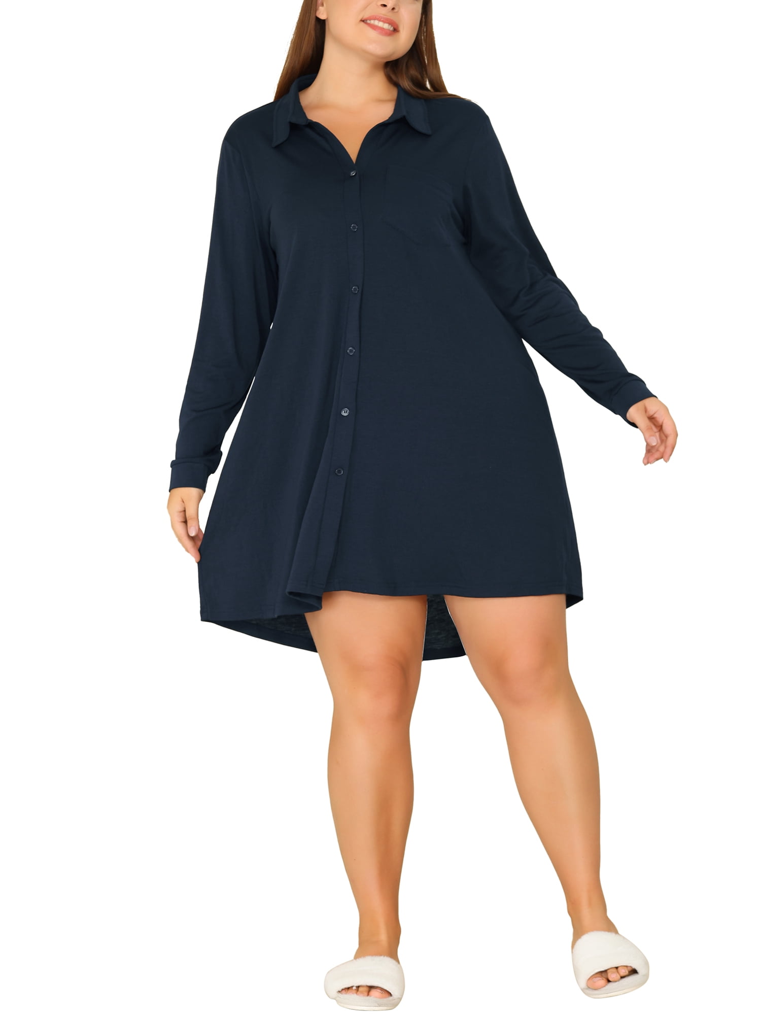 DARING DIVA Women's Plus Size Button Down Pajama Dress Nightshirt 1X Navy Blue