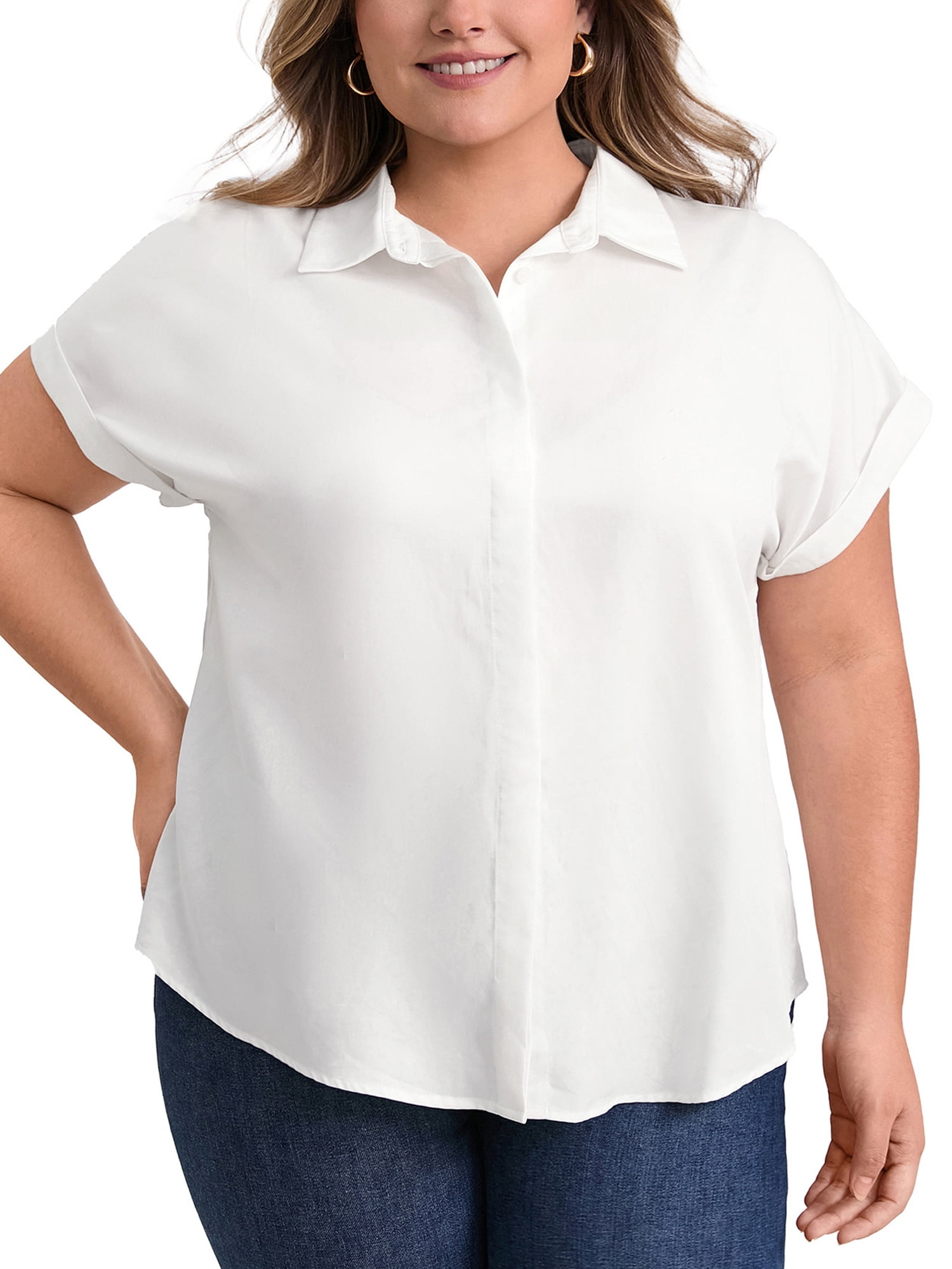 DARING DIVA Women's Plus Size Button Down Polo Lapel Short Sleeve Blouse 1X White