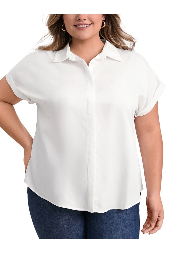 Women's Plus Size Button Down Polo Lapel Short Sleeve Blouse 3X White