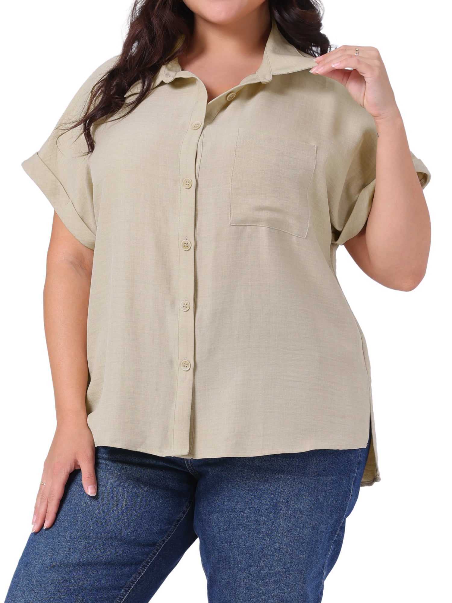 DARING DIVA Women's Plus Size Button Down Short Sleeve Blouses 2X Beige