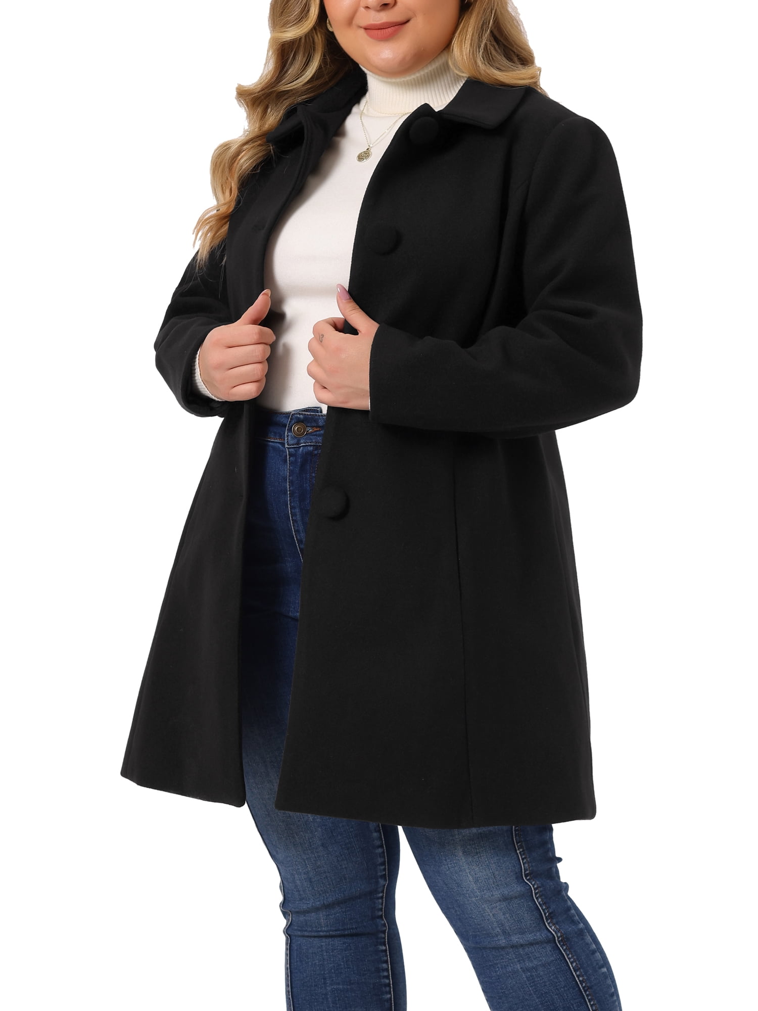 DARING DIVA Women's Plus Size Button Down Single Breasted Peacoat Long Coat 2X Black