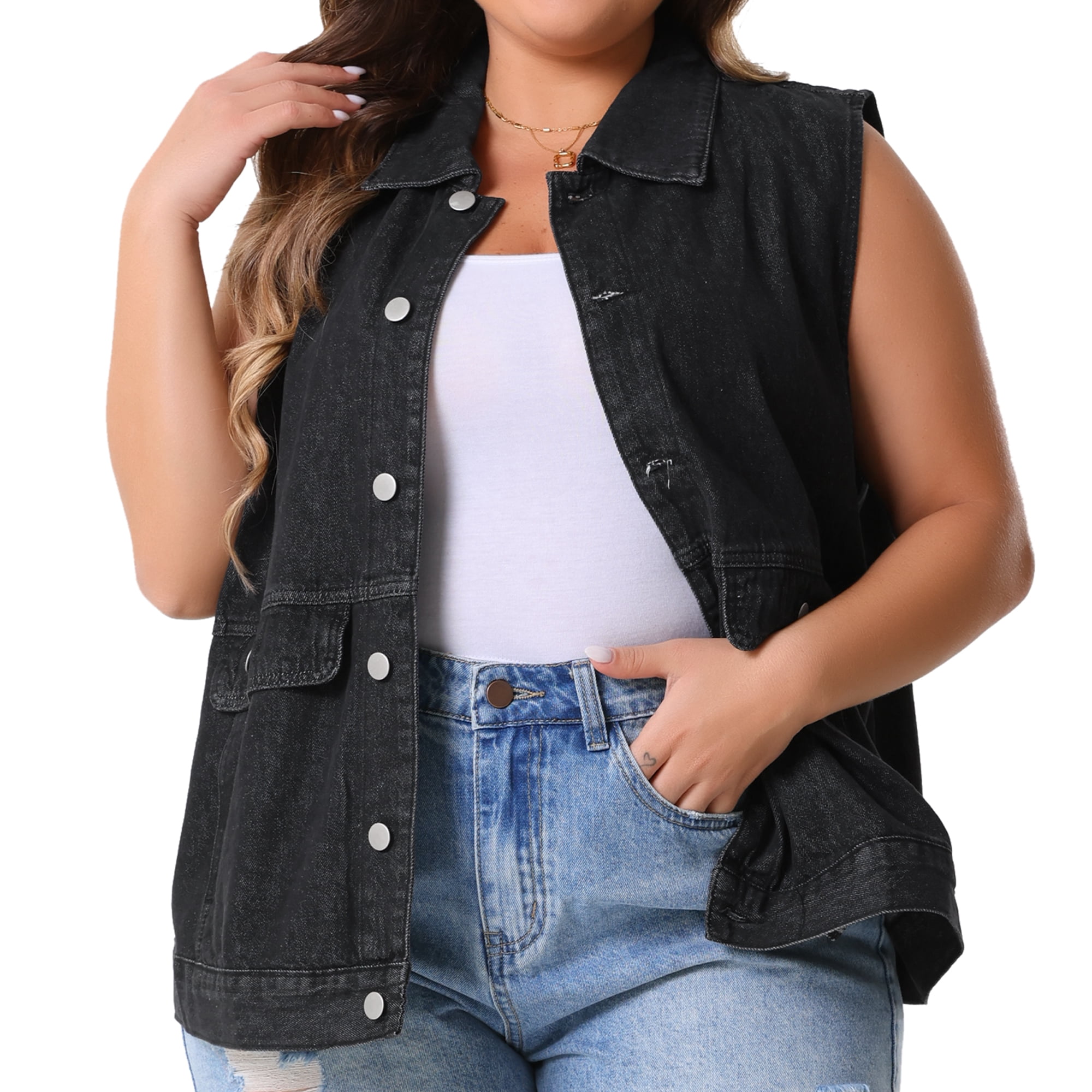 DARING DIVA Women's Plus Size Button Down Sleeveless Denim Vest 1X Black