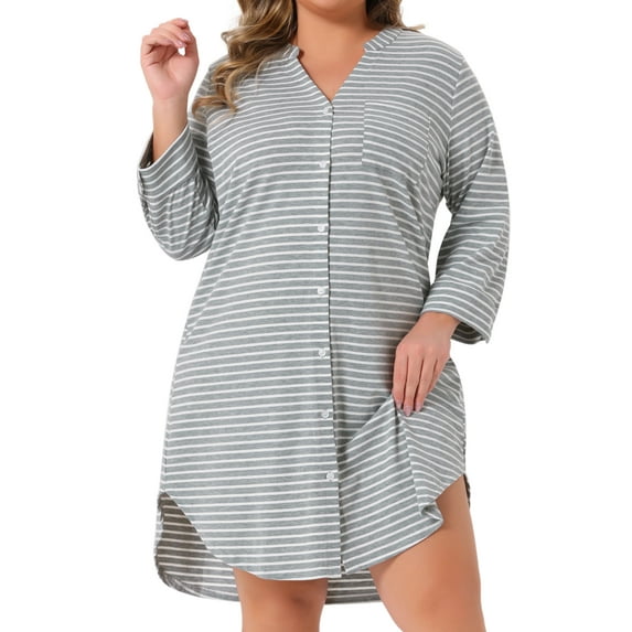 DARING DIVA Women's Plus Size Button Down V Neck 3/4 Sleeve Nightgown 1X Gray