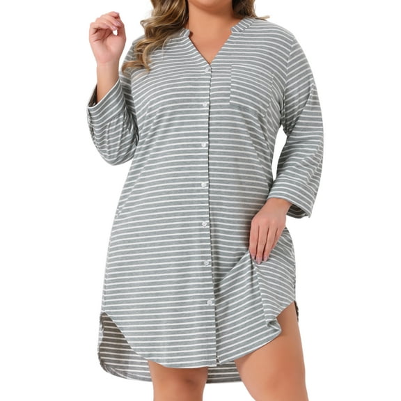 DARING DIVA Women's Plus Size Button Down V Neck 3/4 Sleeve Nightgown 2X Gray
