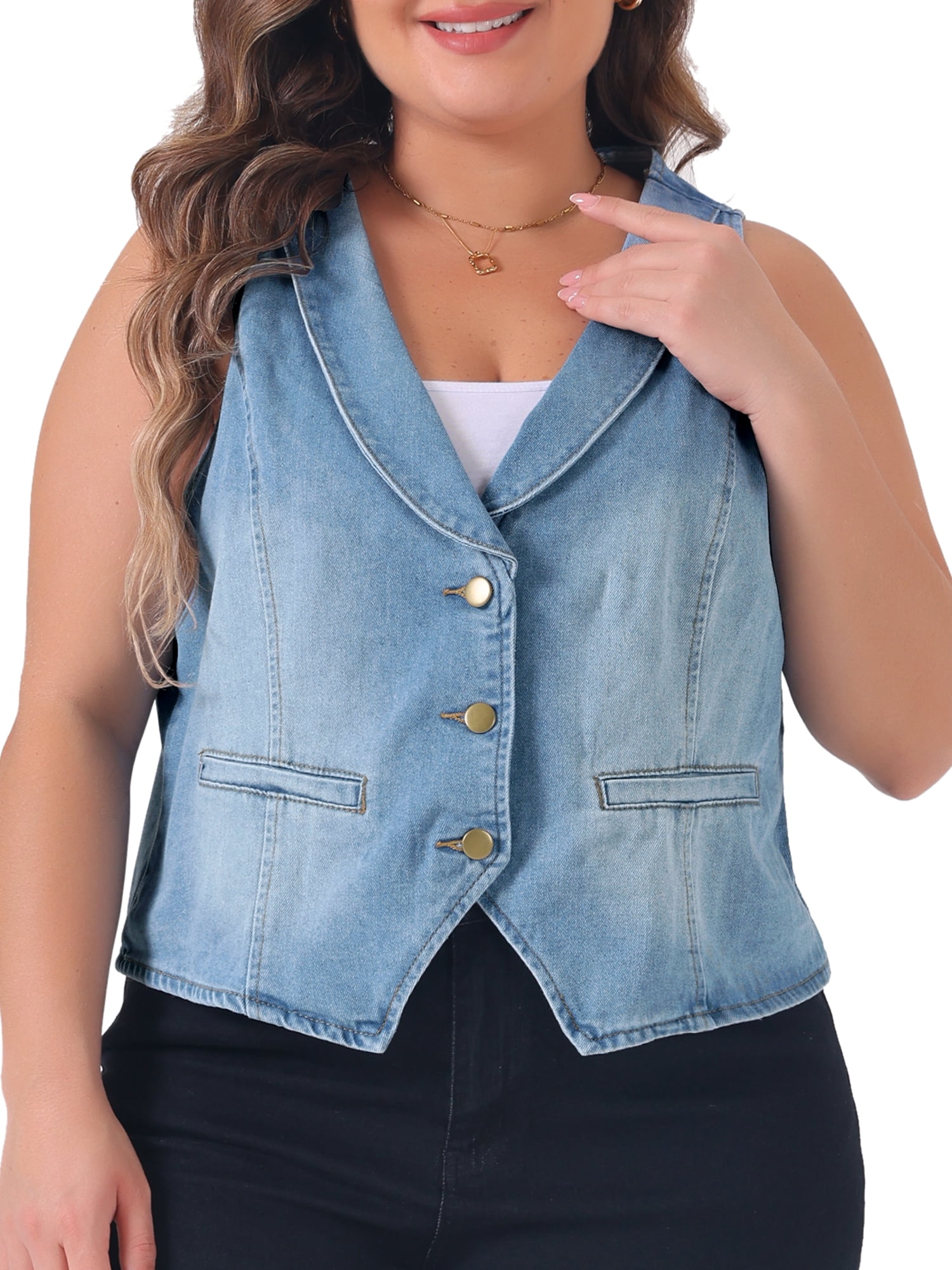 DARING DIVA Women's Plus Size Button Down Waistcoat Denim Vest 2X Light Blue
