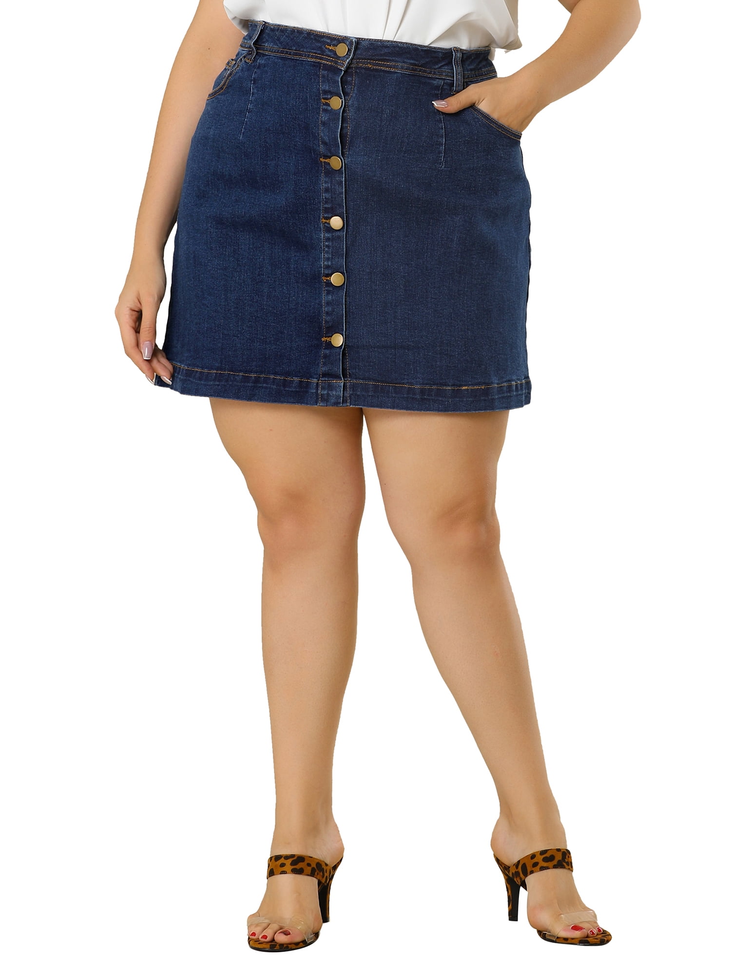 DARING DIVA Women's Plus Size Button Side Pocket A Line Jean Skirts 5X Blue