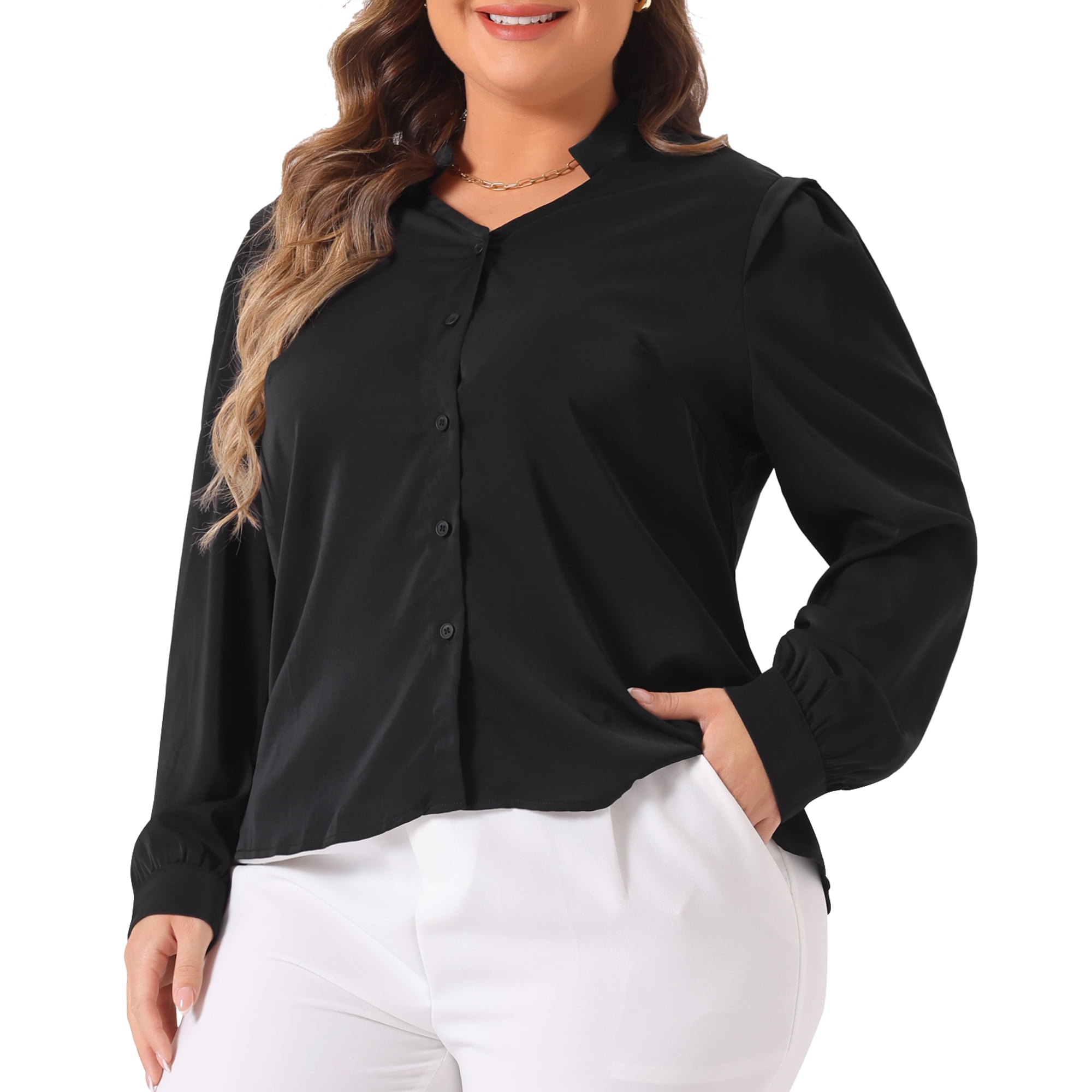 DARING DIVA Women's Plus Size Button Up Notch V Neck Long Sleeve Blouses 3X Black