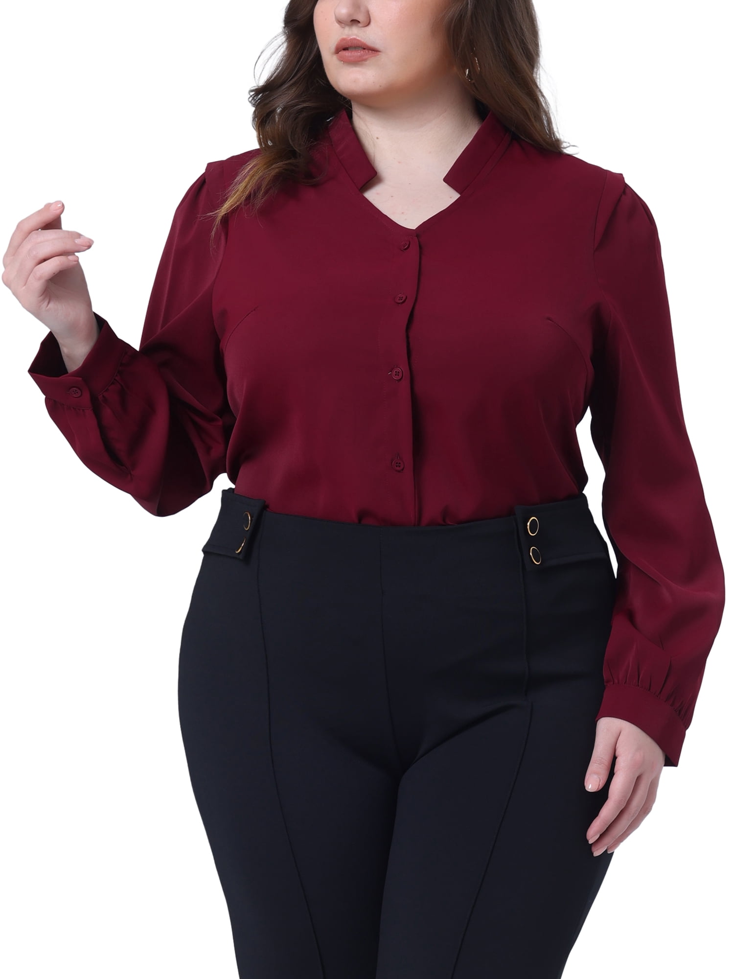 DARING DIVA Women's Plus Size Button Up Notch V Neck Long Sleeve Blouses 4X Burgundy