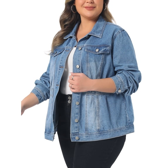 DARING DIVA Women's Plus Size Button Washed Front Loose Jean Jacket 1X Light Blue