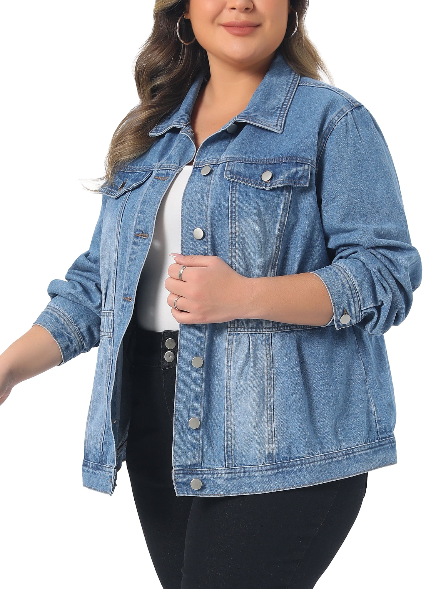 DARING DIVA Women's Plus Size Button Washed Front Loose Jean Jacket 3X Light Blue