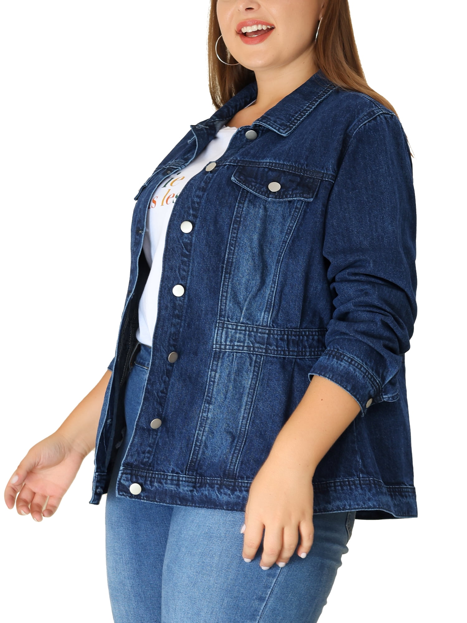 DARING DIVA Women's Plus Size Button Washed Front Loose Jean Jacket 6X Dark Blue