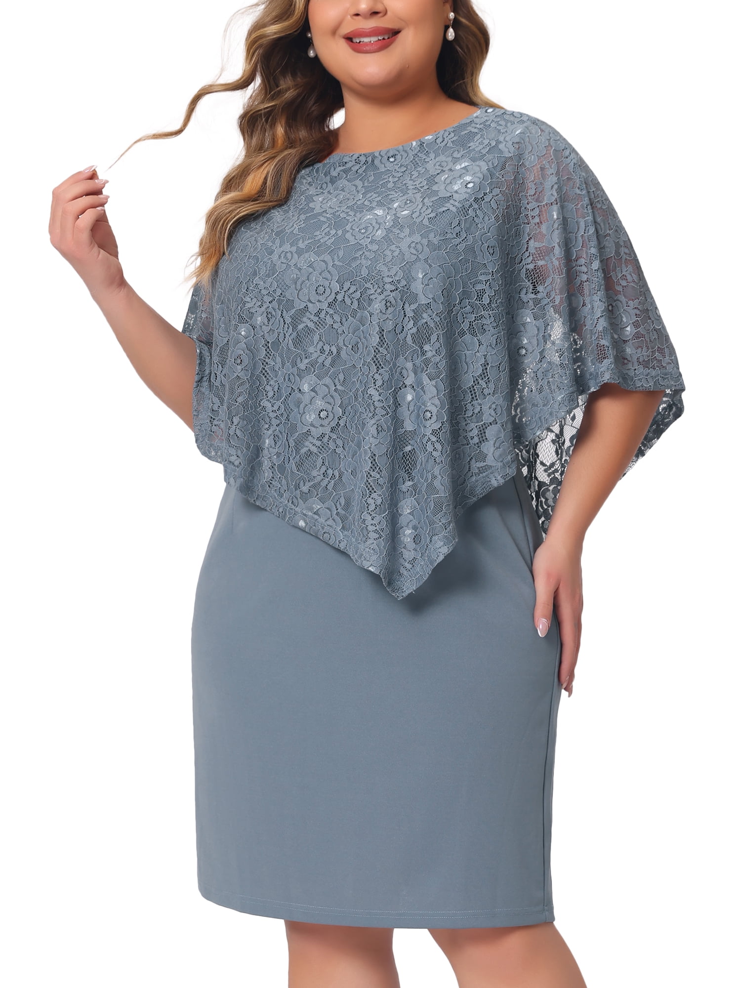 DARING DIVA Women's Plus Size Cape Lace Overlay Dress 1X Gray Blue