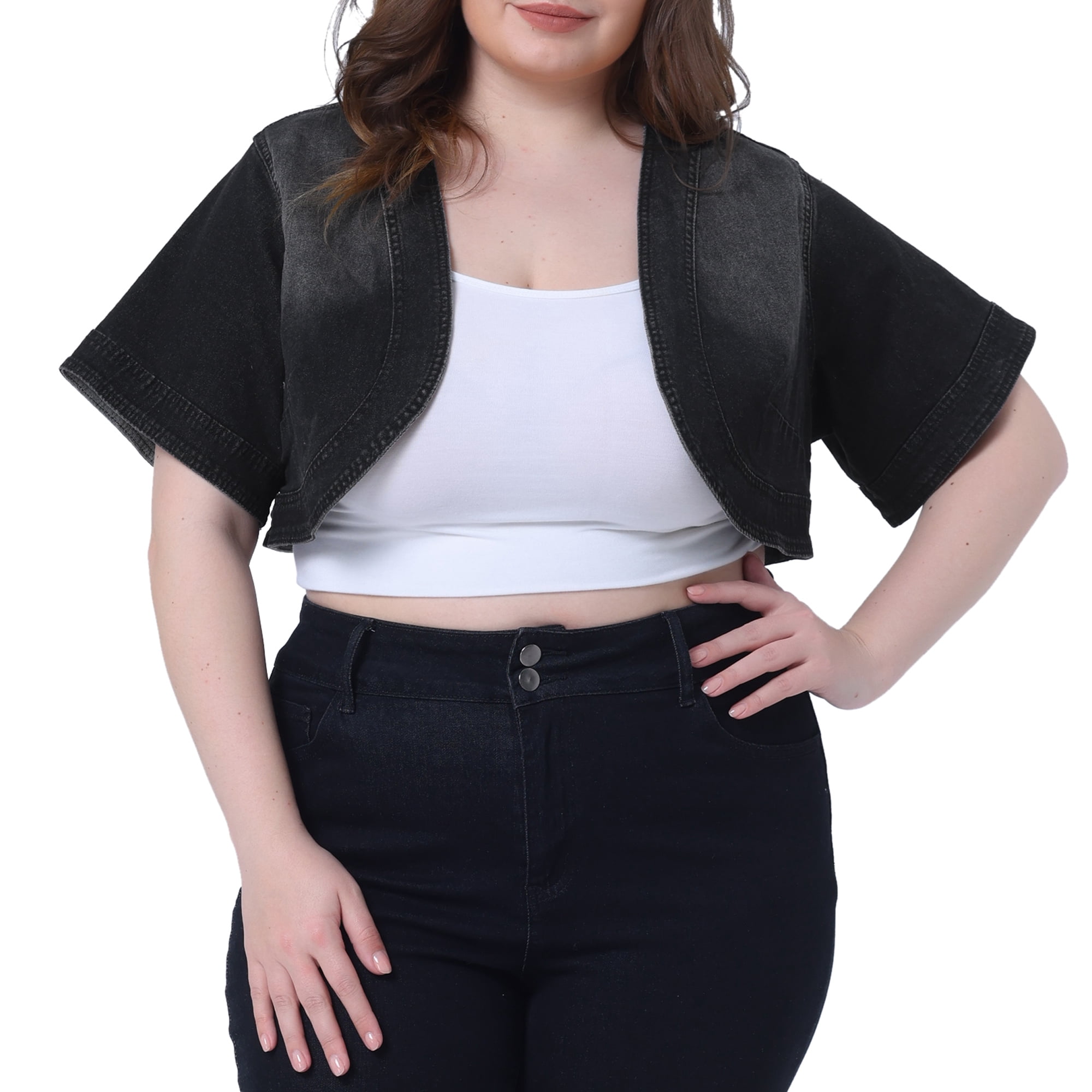 DARING DIVA Women's Plus Size Cardigan Short Crop Jean Jacket Shrug 2X Black