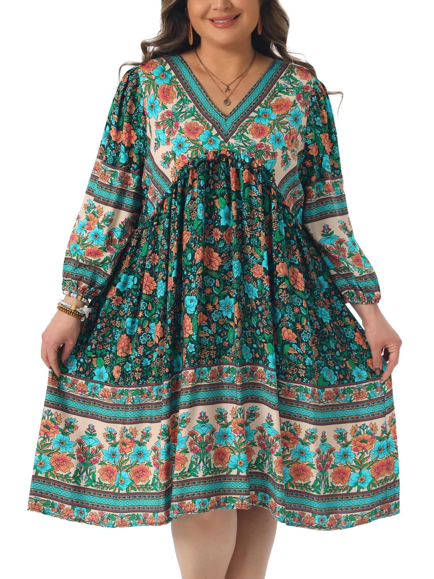 DARING DIVA Women's Plus Size Casual Boho Floral V Neck 3/4 Sleeve Dress 2X Dark Green