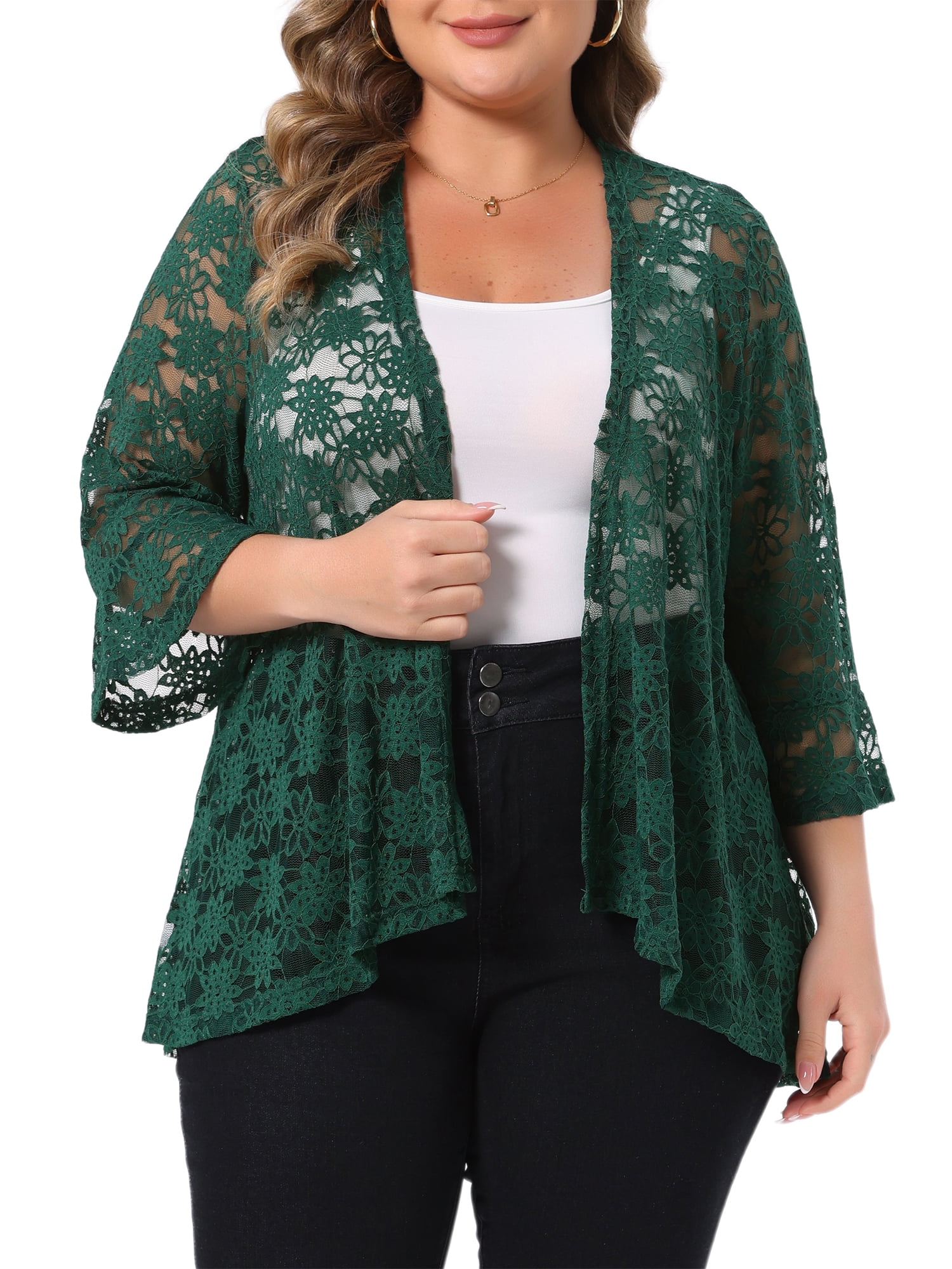 DARING DIVA Women's Plus Size Casual Open Front 3/4 Sleeve Sheer Lace Cardigan 1X Green