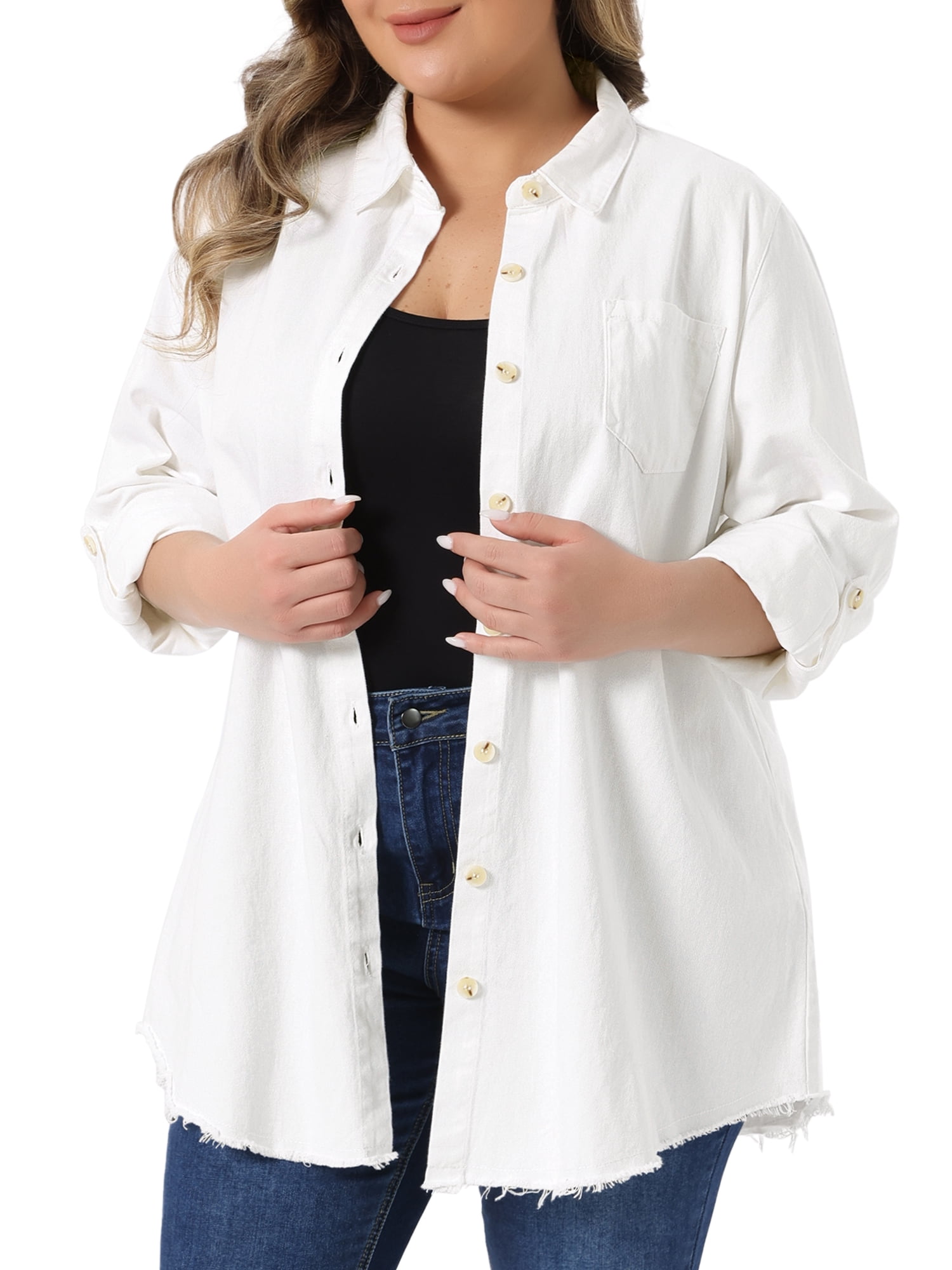 DARING DIVA Women's Plus Size Chambray Top Button Down Denim Tops 2X White