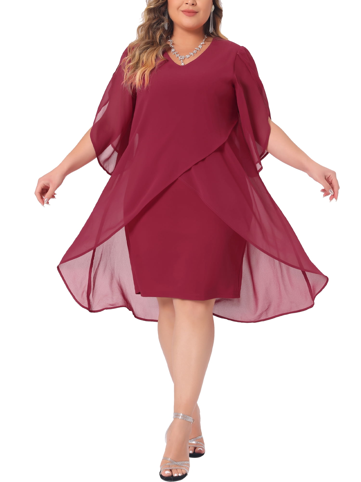 DARING DIVA Women's Plus Size Chiffon Cocktail Mesh Overlay Short Dress 3X Red