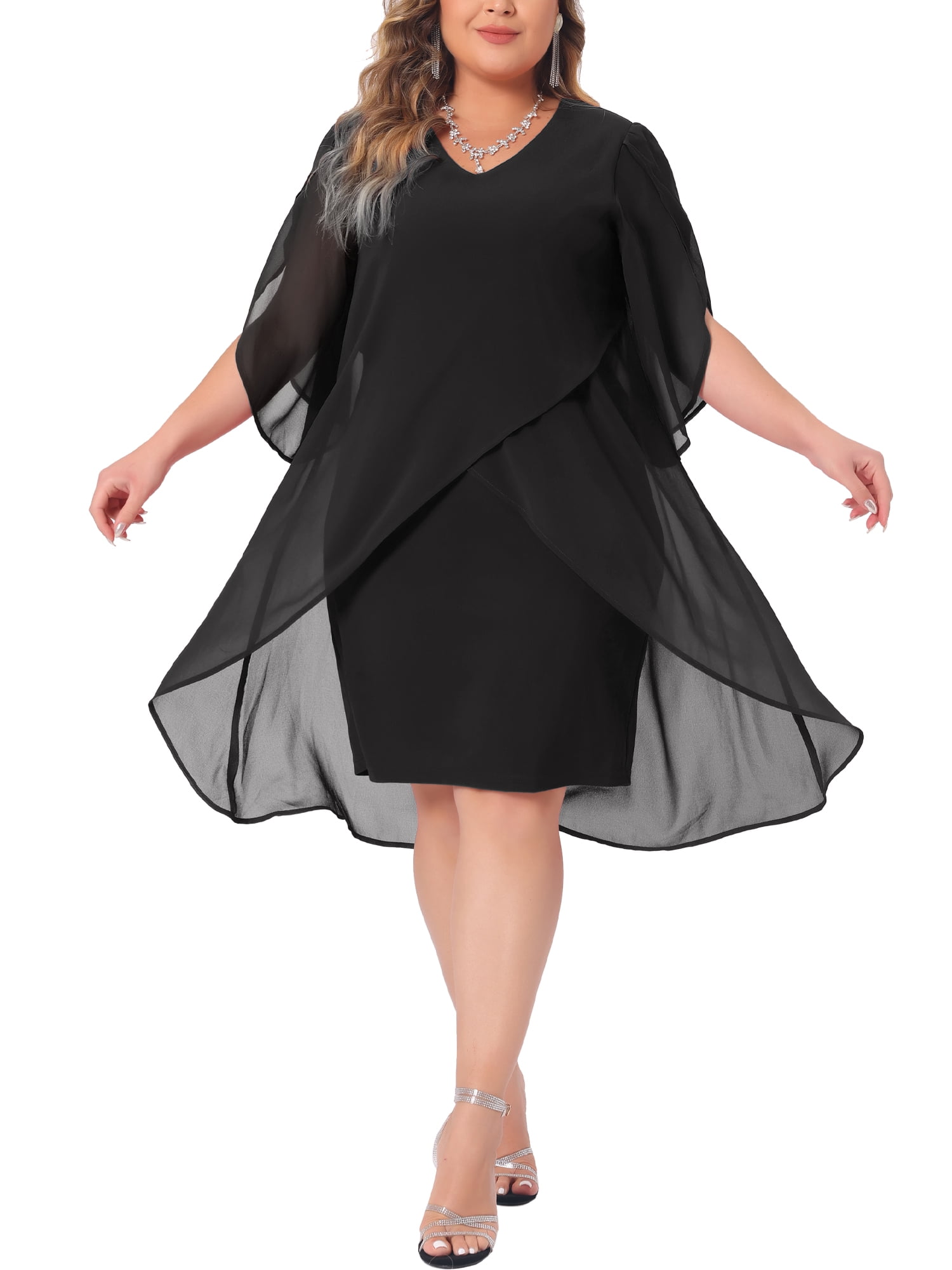 DARING DIVA Women's Plus Size Chiffon Cocktail Mesh Overlay Short Dress 4X Black