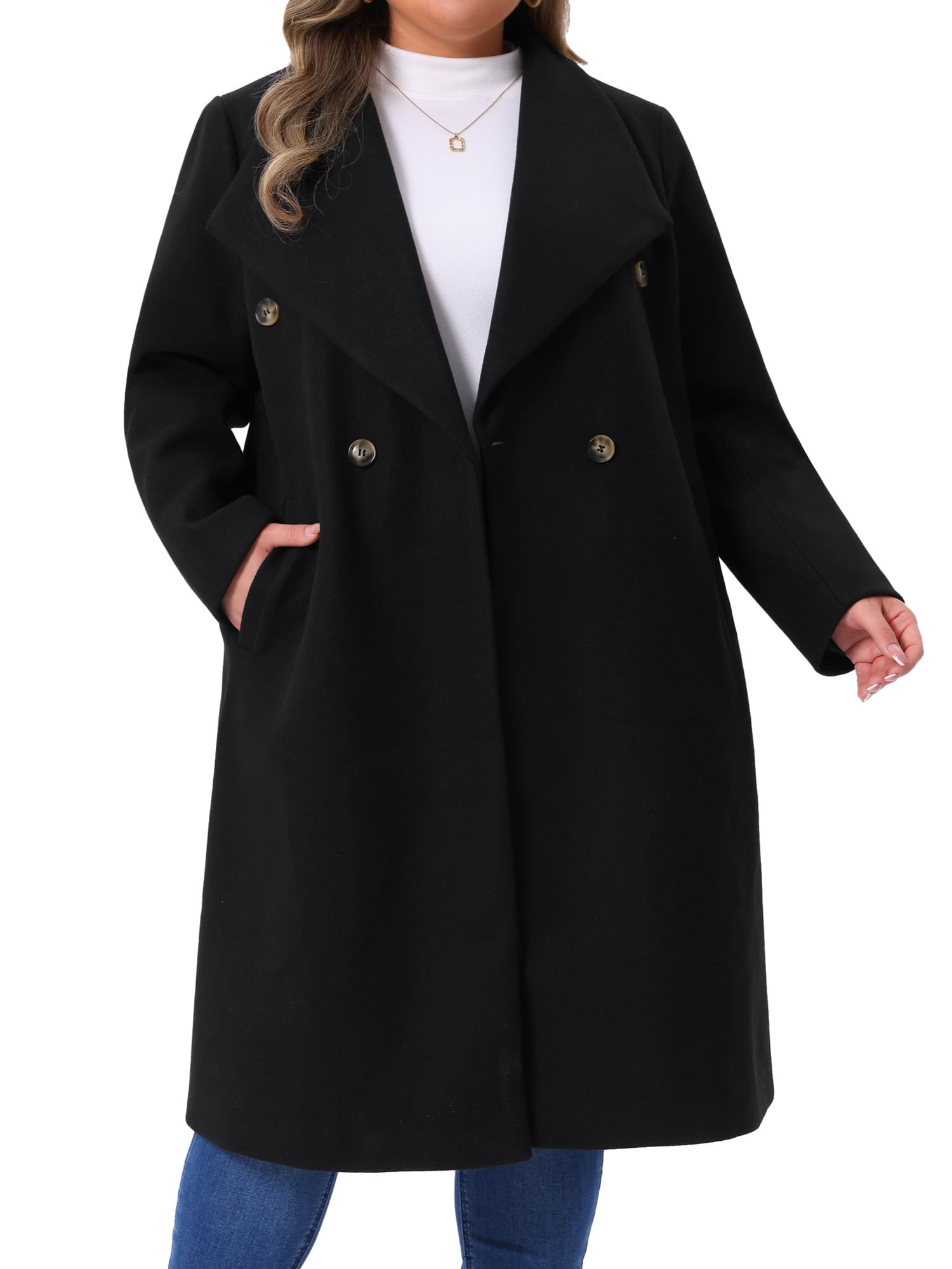 DARING DIVA Women's Plus Size Classic Notch Lapel Double Breasted Trench Coat 4X Black