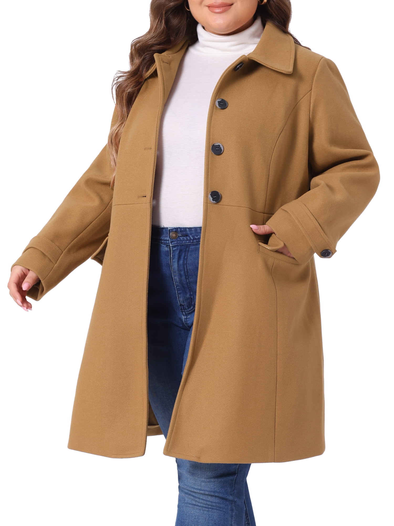 DARING DIVA Women's Plus Size Single Breasted Trench Coat with Pockets 1X Camel