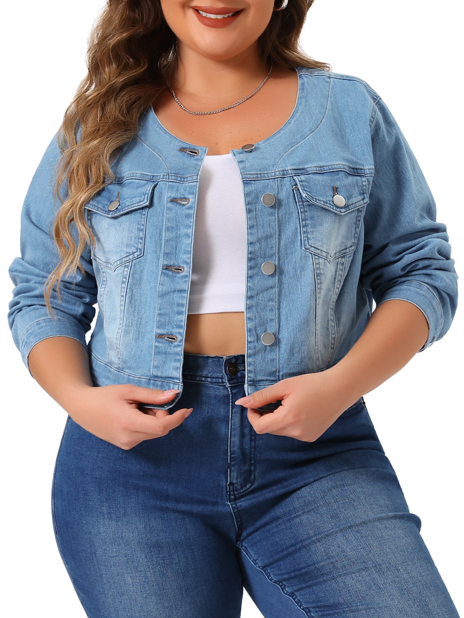 DARING DIVA Women's Plus Size Collarless Button Down Crop Denim Jackets 1X Light Blue