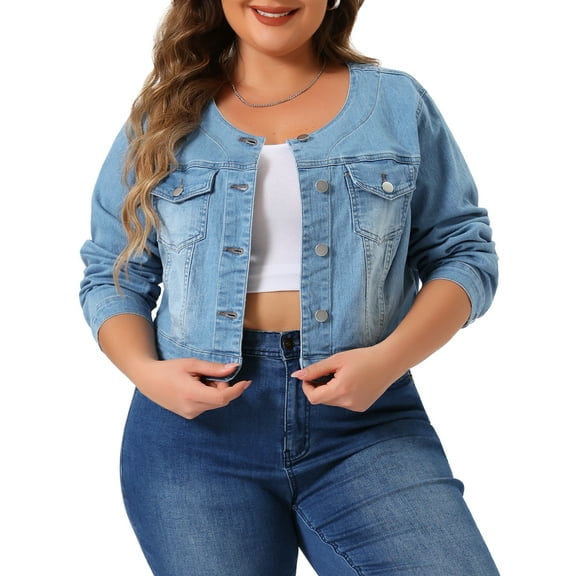 DARING DIVA Women's Plus Size Collarless Button Down Crop Denim Jackets 2X Light Blue