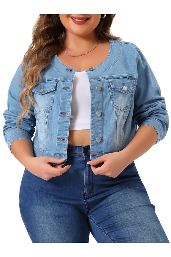 Women's Plus Size Collarless Button Down Crop Denim Jackets 4X Light Blue