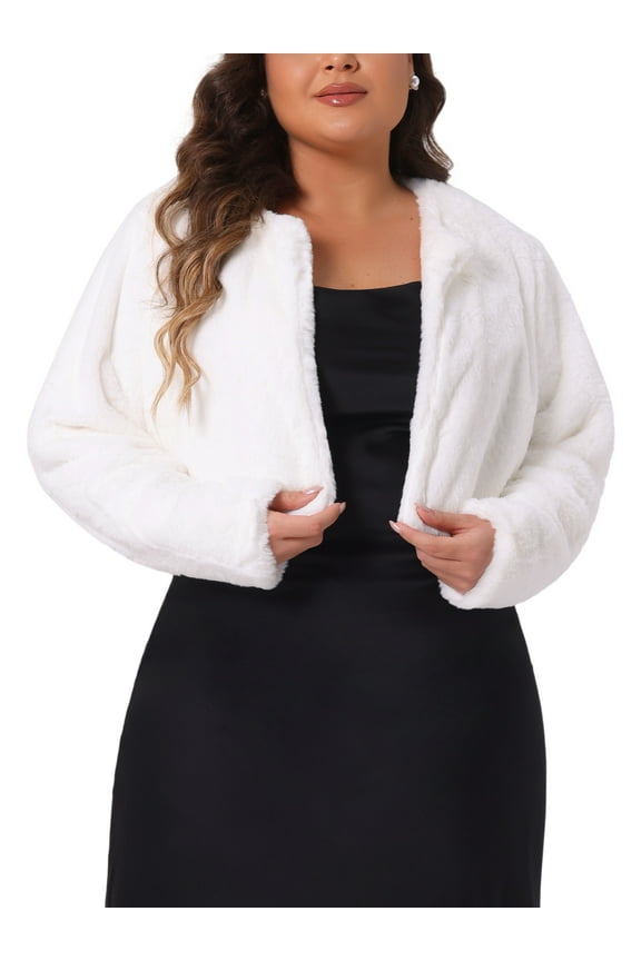 DARING DIVA Women's Plus Size Collarless Faux Fur Fuzzy Overcoat 2X White