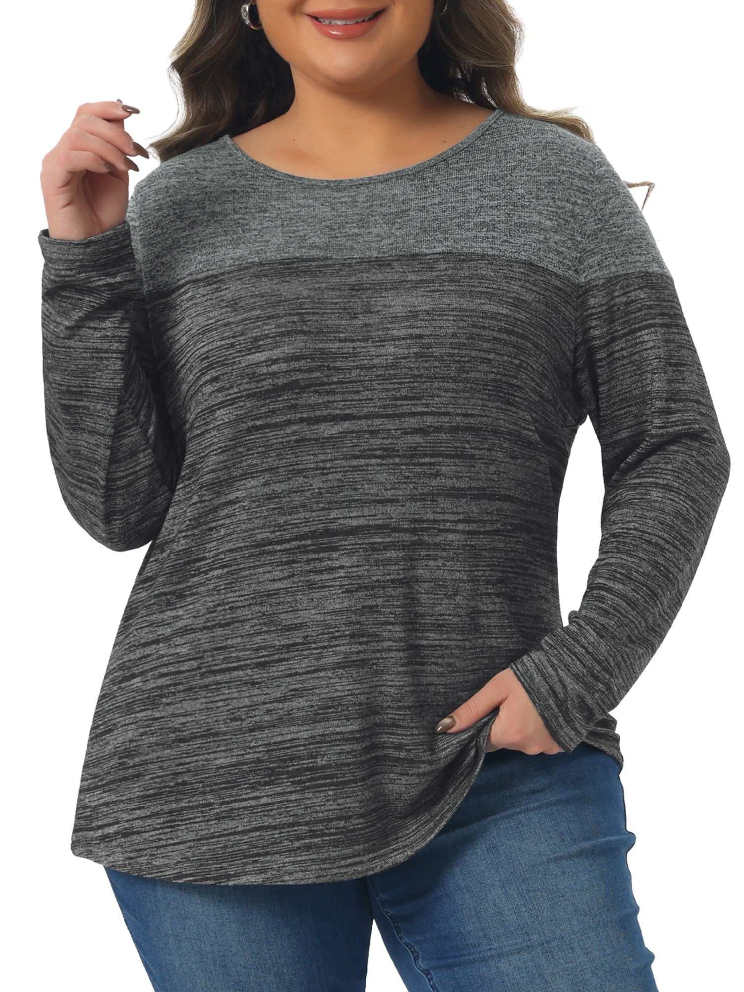 DARING DIVA Women's Plus Size Color Block Long Sleeve Crew Neck Knitted Blouse 3X Black