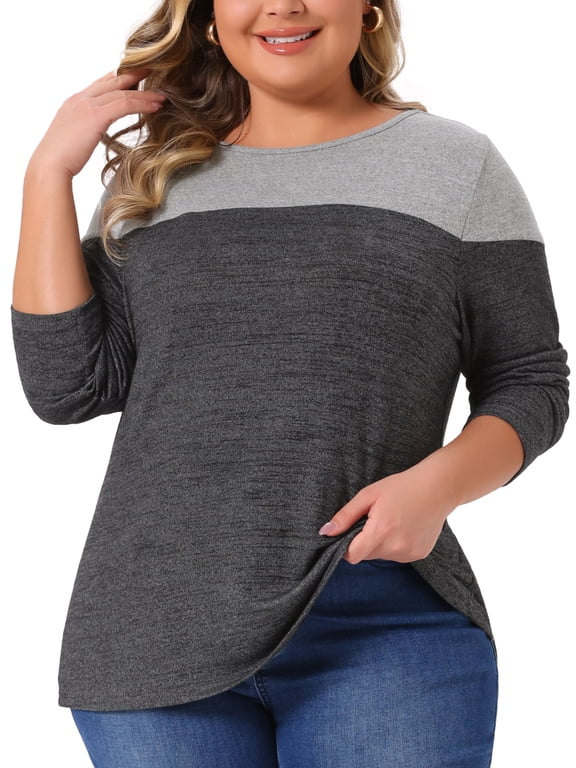 Women's Plus Size Color Block Long Sleeve Crew Neck Knitted Blouse 2X Dark Grey
