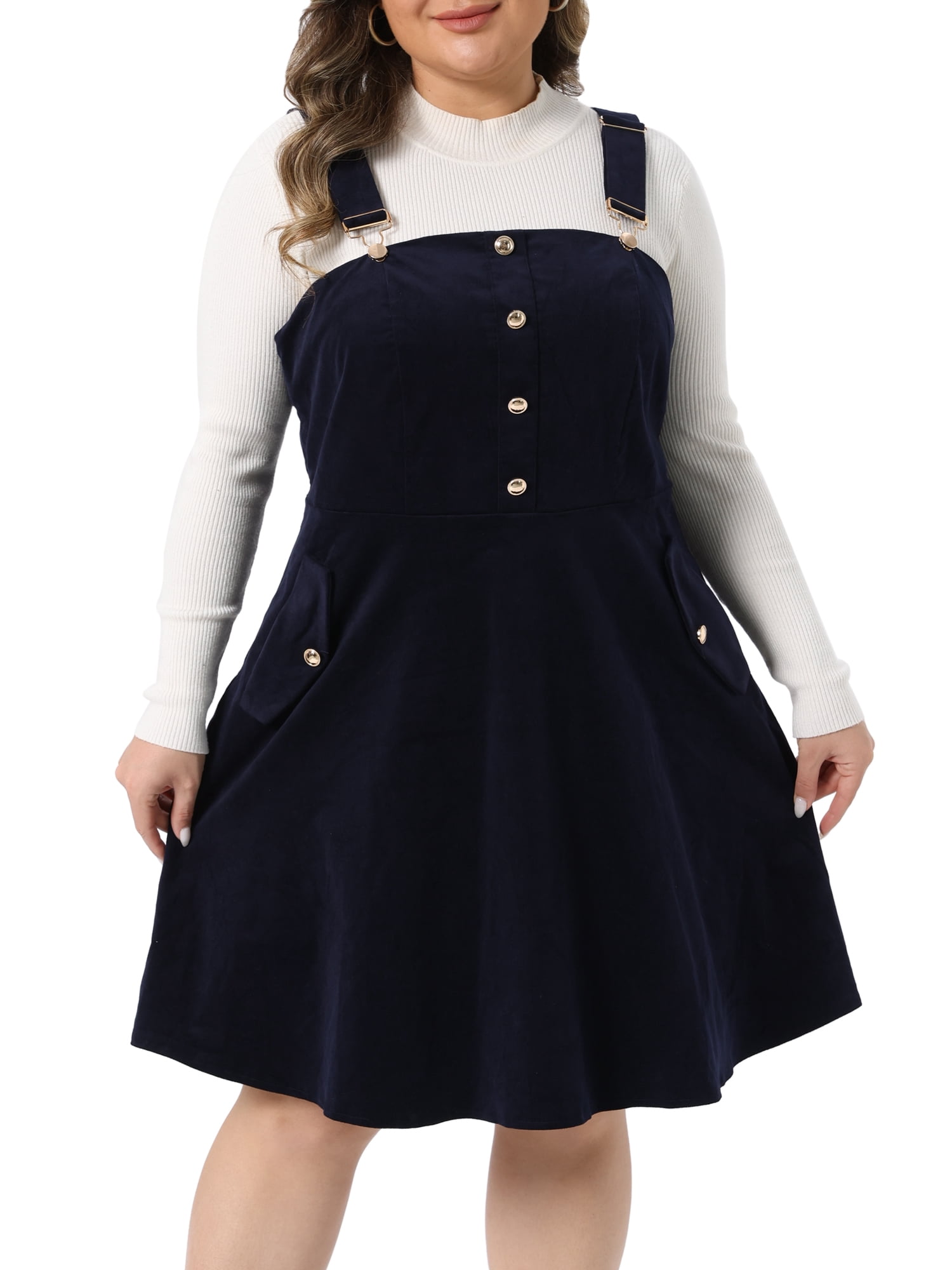 DARING DIVA Women's Plus Size Corduroy Adjustable Strap Suspender Skirt 1X Dark Blue