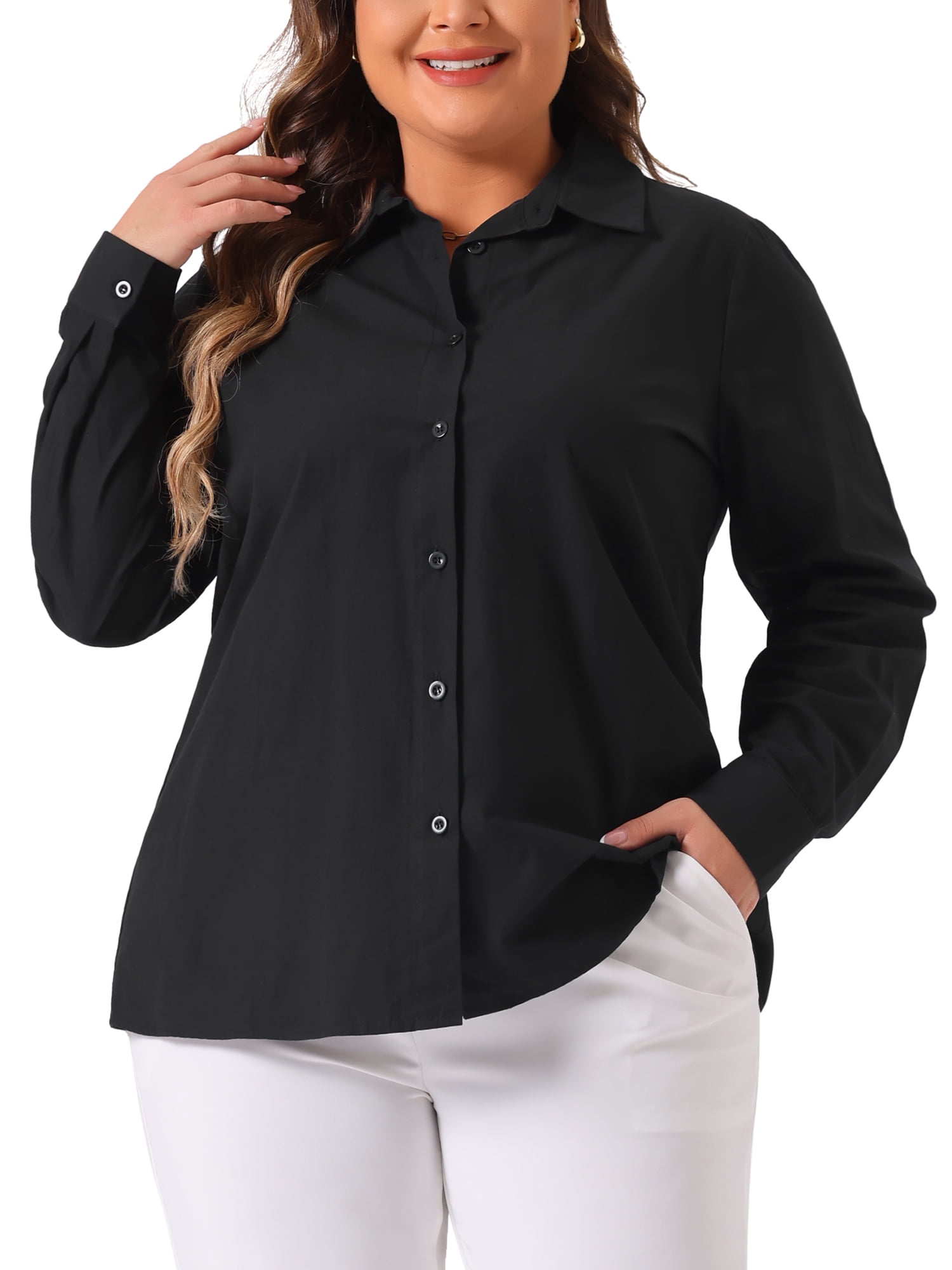 DARING DIVA Women's Plus Size Cotton Polo Collared Work Shirt 2X Black