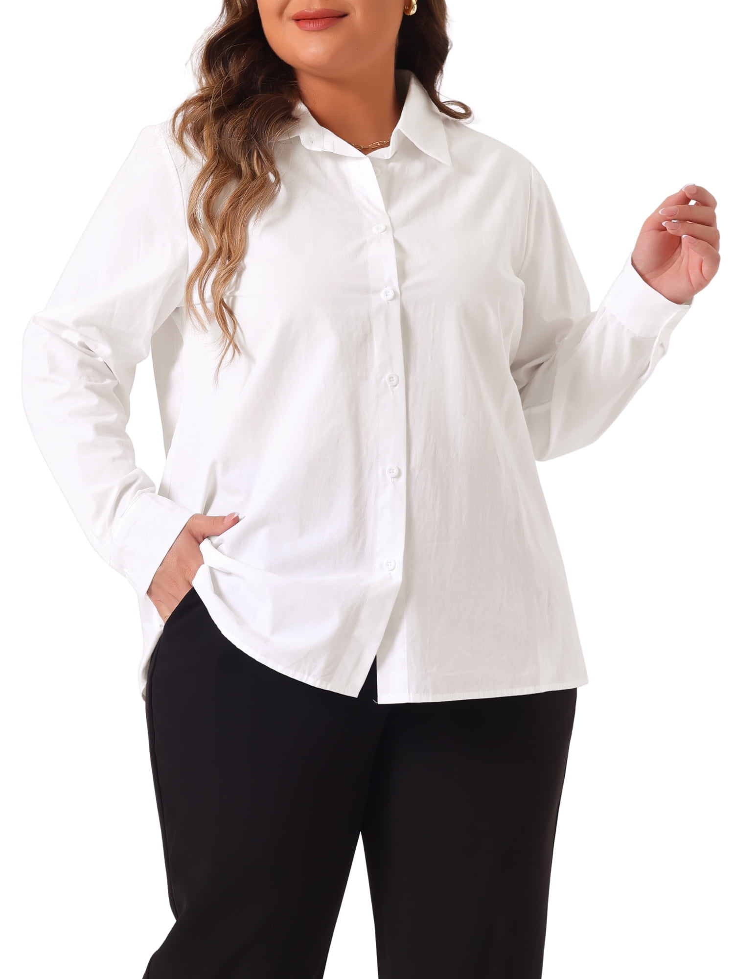 DARING DIVA Women's Plus Size Cotton Polo Collared Work Shirt 3X White
