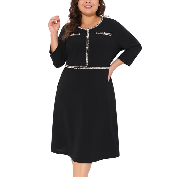 DARING DIVA Women's Plus Size Crew Neck 3/4 Sleeve Vintage Cocktail Dress 1X Black
