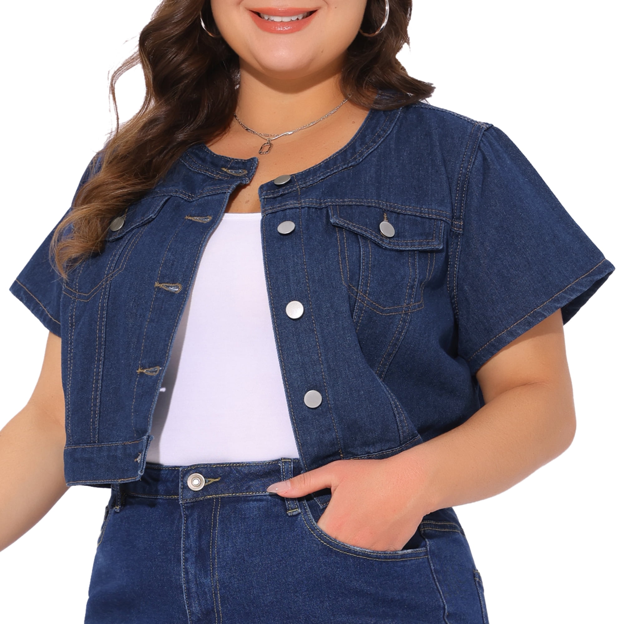 DARING DIVA Women's Plus Size Crew Neck Button Down Cropped Denim Vest 1X Dark Blue