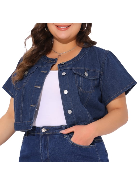 Women's Plus Size Crew Neck Button Down Cropped Denim Vest 2X Dark Blue
