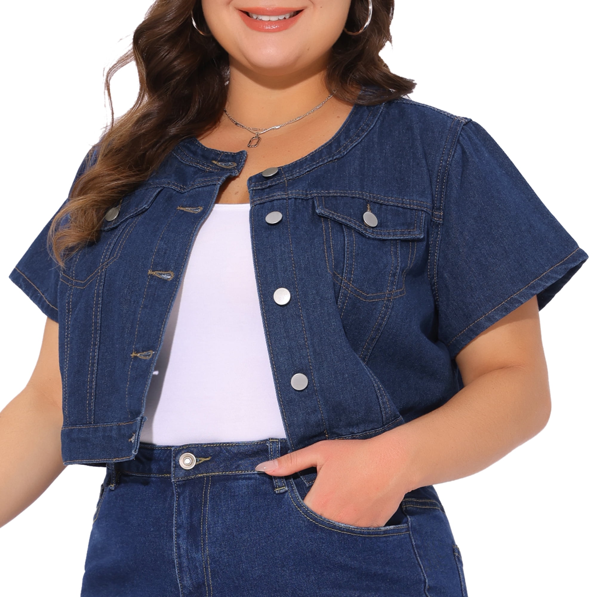 DARING DIVA Women's Plus Size Crew Neck Button Down Cropped Denim Vest 4X Dark Blue