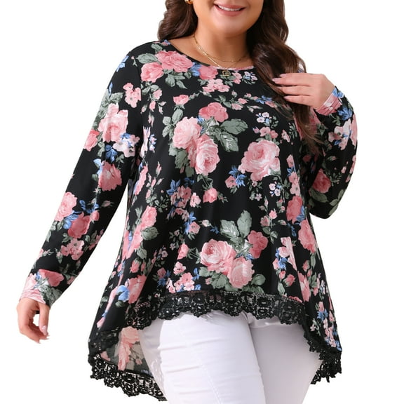 DARING DIVA Women's Plus Size Crew Neck Lace Trim A-Line Floral Blouse 1X Black