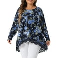 thumbnail image 1 of DARING DIVA Women's Plus Size Crew Neck Lace Trim A-Line Floral Blouse 1X Navy Blue, 1 of 6