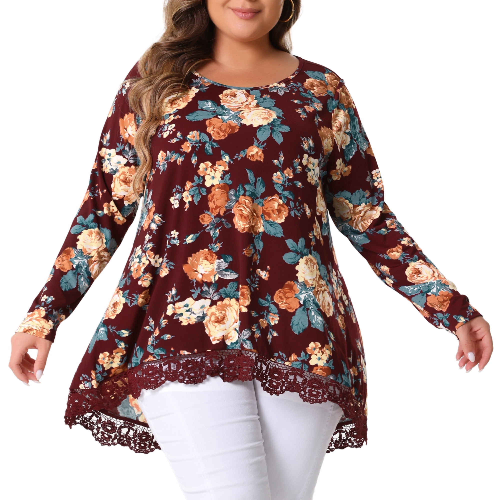 DARING DIVA Women's Plus Size Crew Neck Lace Trim A-Line Floral Blouse 3X Burgundy