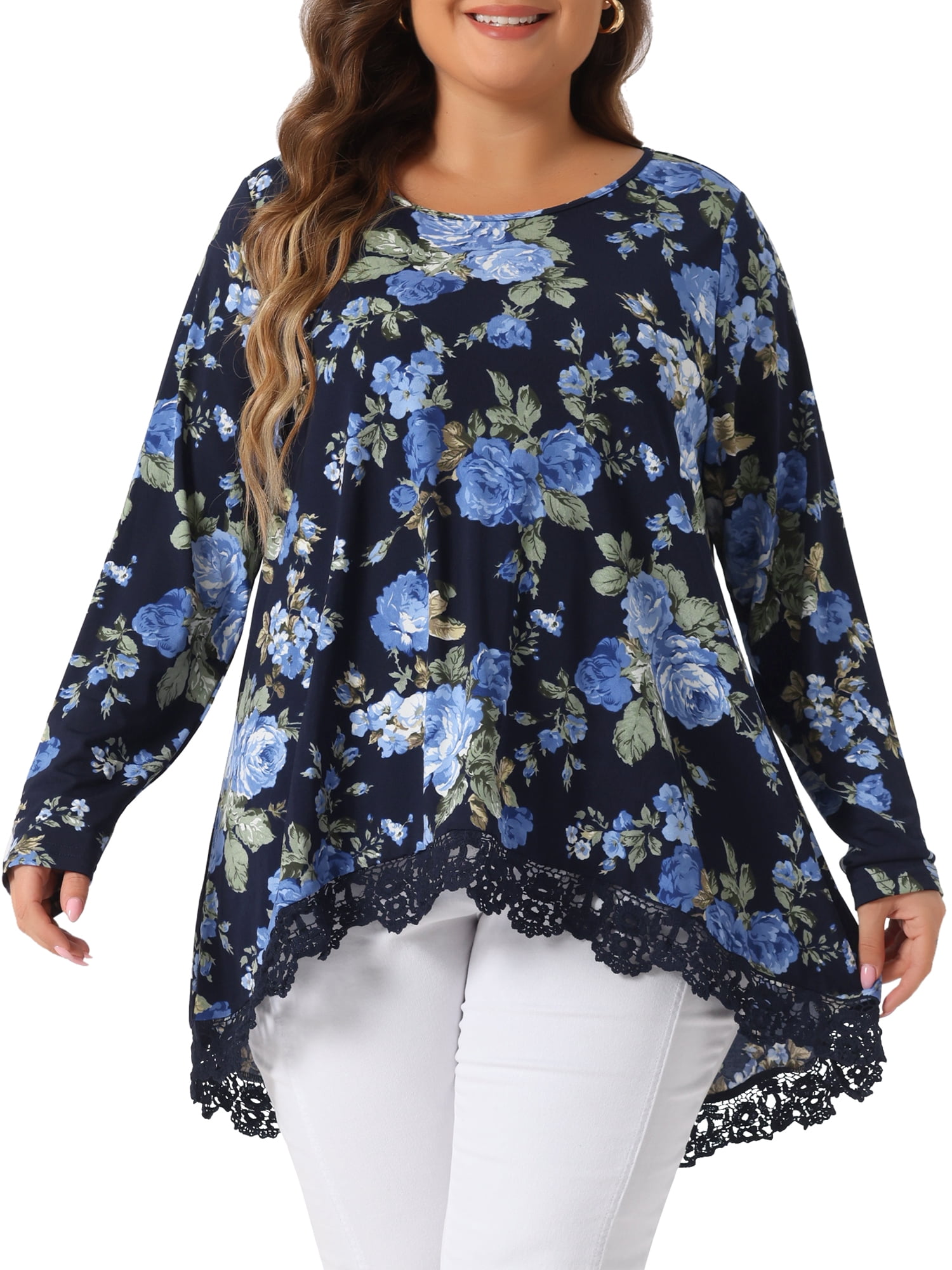 DARING DIVA Women's Plus Size Crew Neck Lace Trim A-Line Floral Blouse 3X Navy Blue
