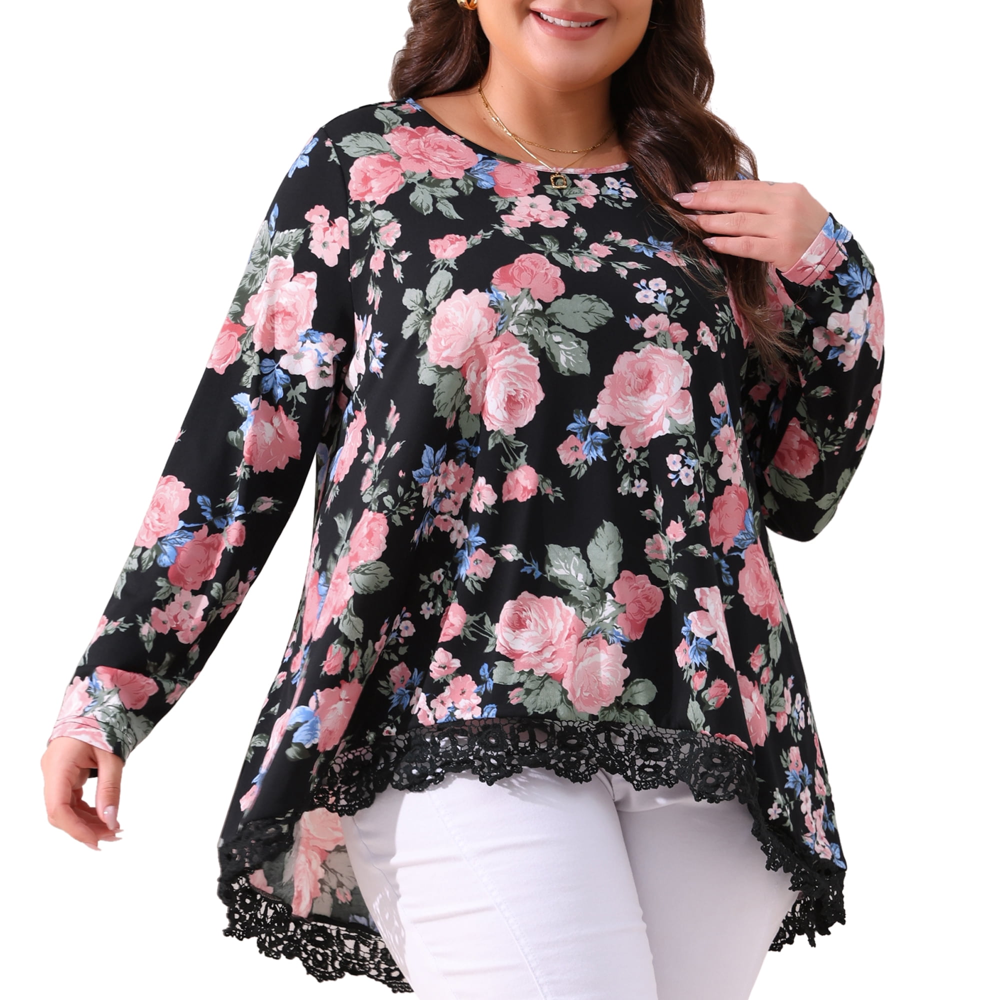 DARING DIVA Women's Plus Size Crew Neck Lace Trim A-Line Floral Blouse 4X Black