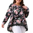 thumbnail image 1 of DARING DIVA Women's Plus Size Crew Neck Lace Trim A-Line Floral Blouse 4X Black, 1 of 6