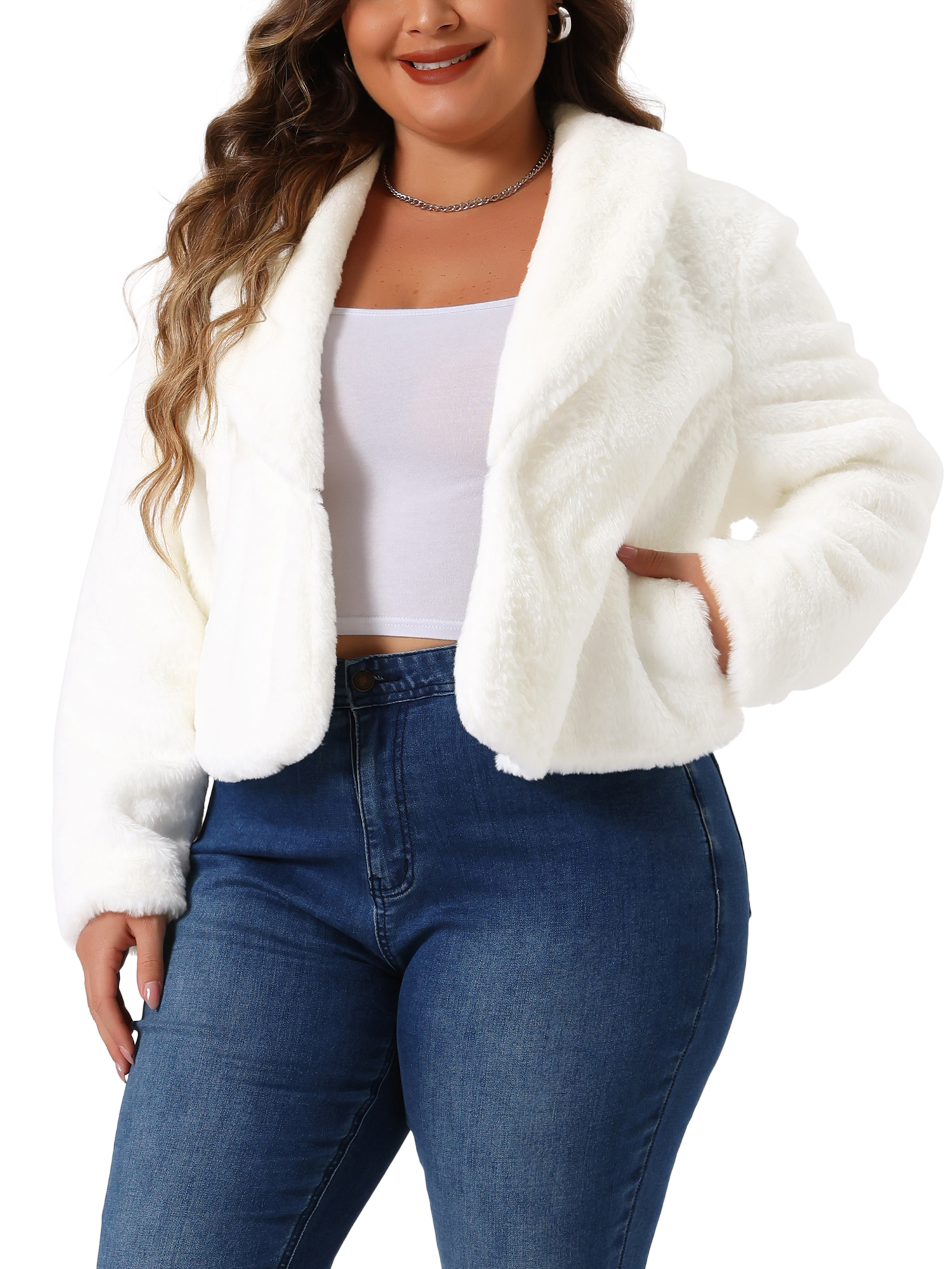 DARING DIVA Women's Plus Size Cropped Lapel Long Sleeve Faux Fur Fluffy Coat 1X White