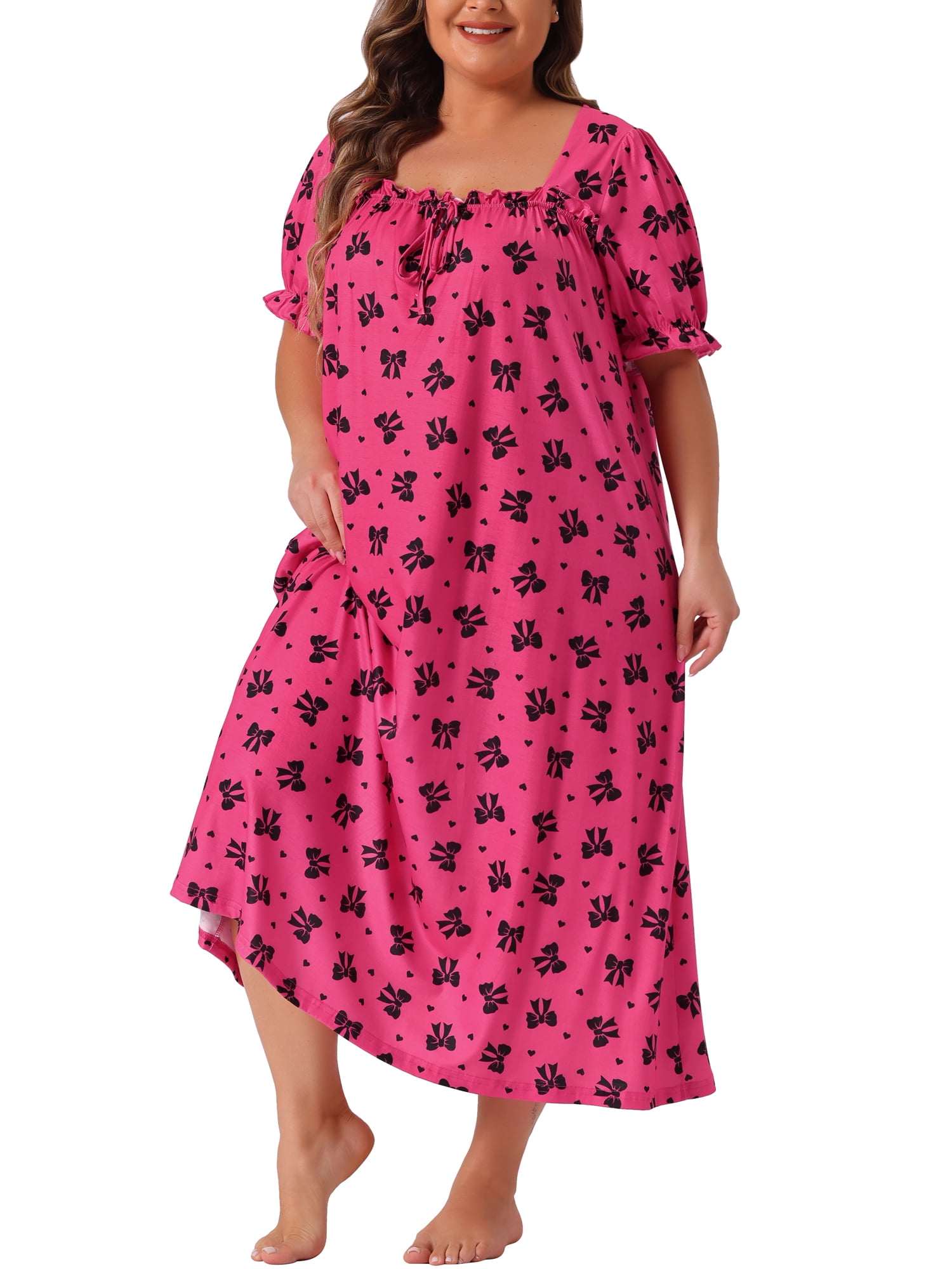 DARING DIVA Women's Plus Soft Crew Neck Cute Cherry Ruffle Nightgown 2X Hot Pink