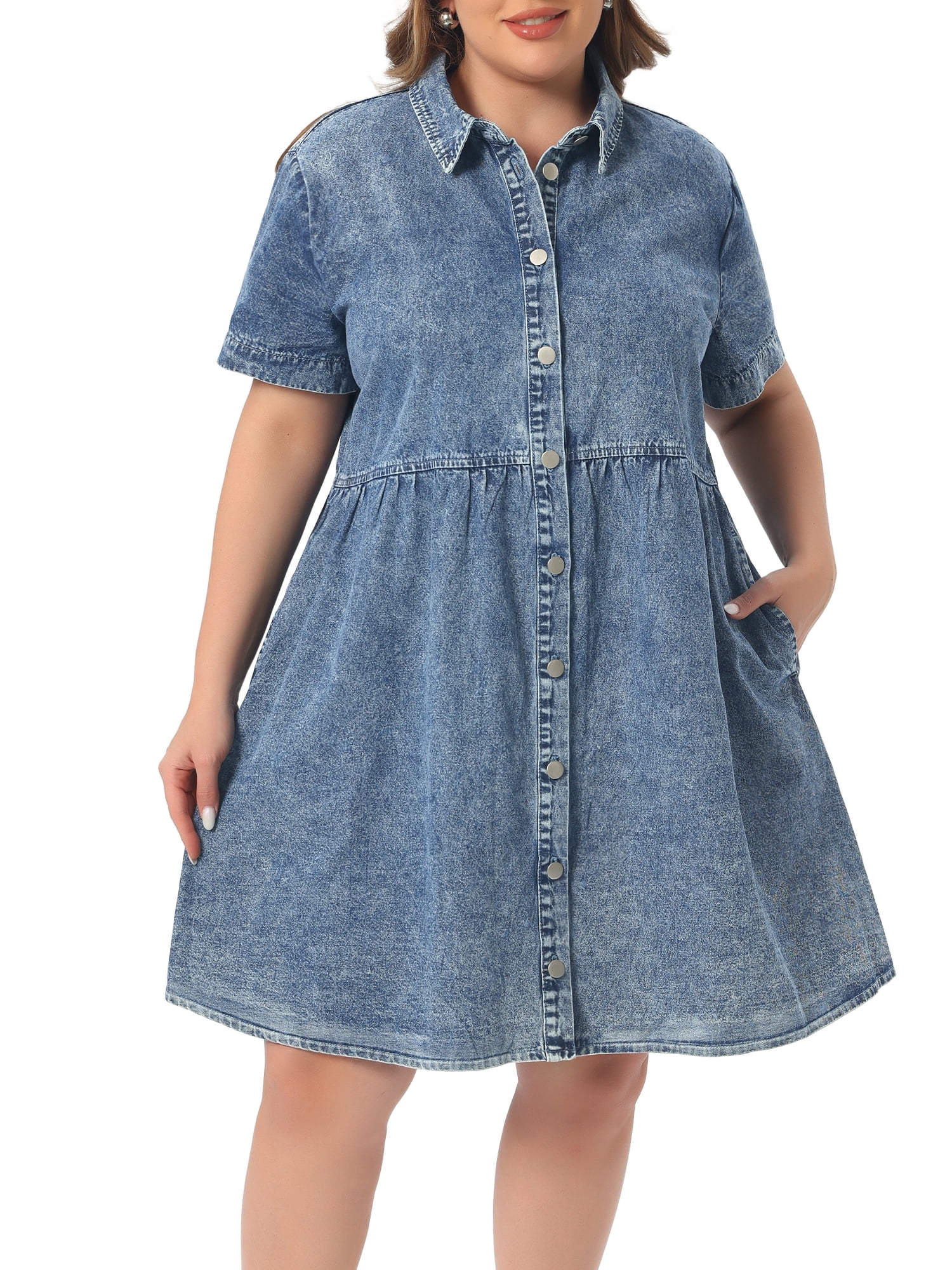 DARING DIVA Women's Plus Size Casual Denim Babydoll Pockets Dress 1X Blue Snow Wash