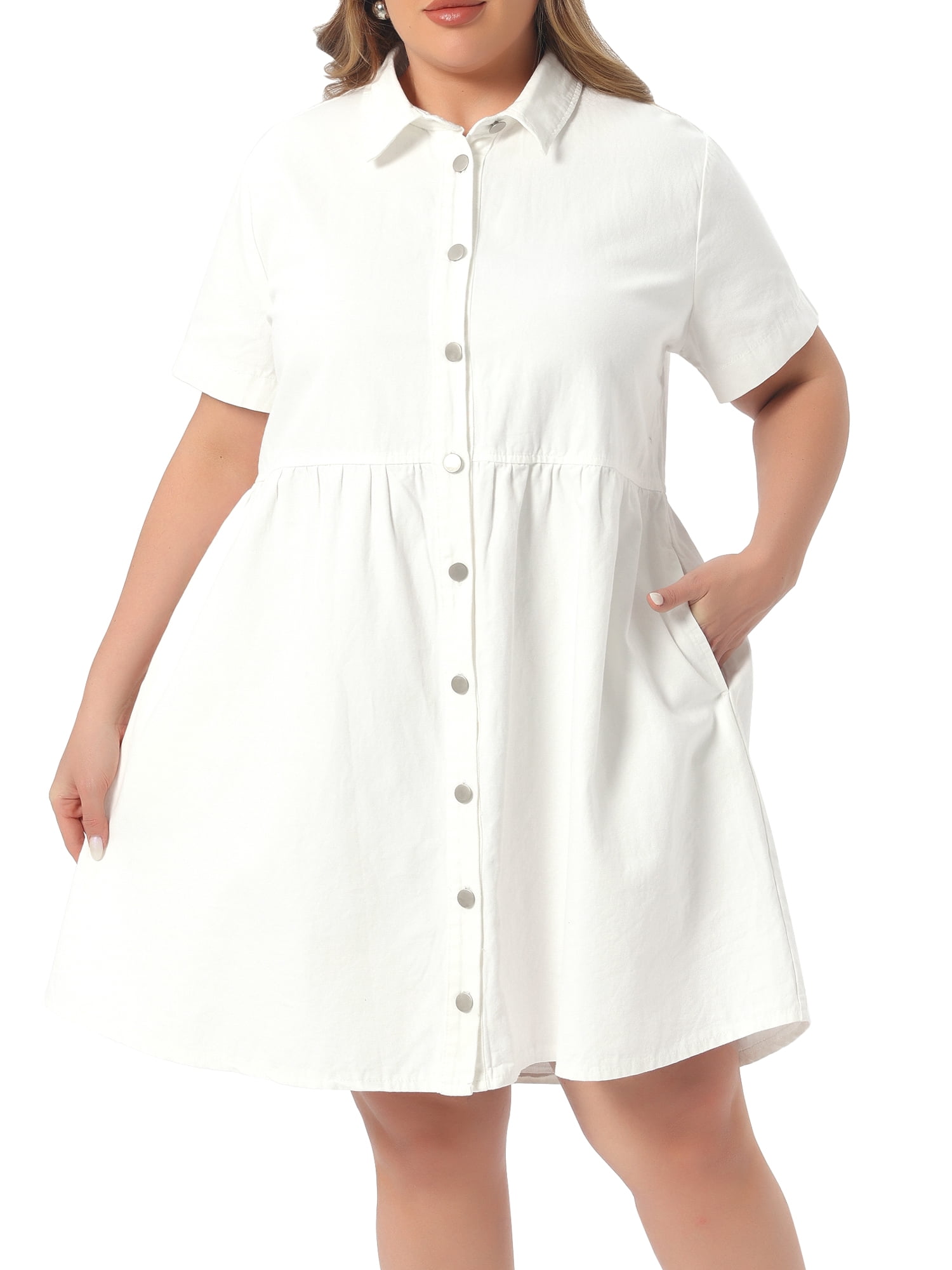DARING DIVA Women's Plus Size Casual Denim Babydoll Pockets Dress 1X White