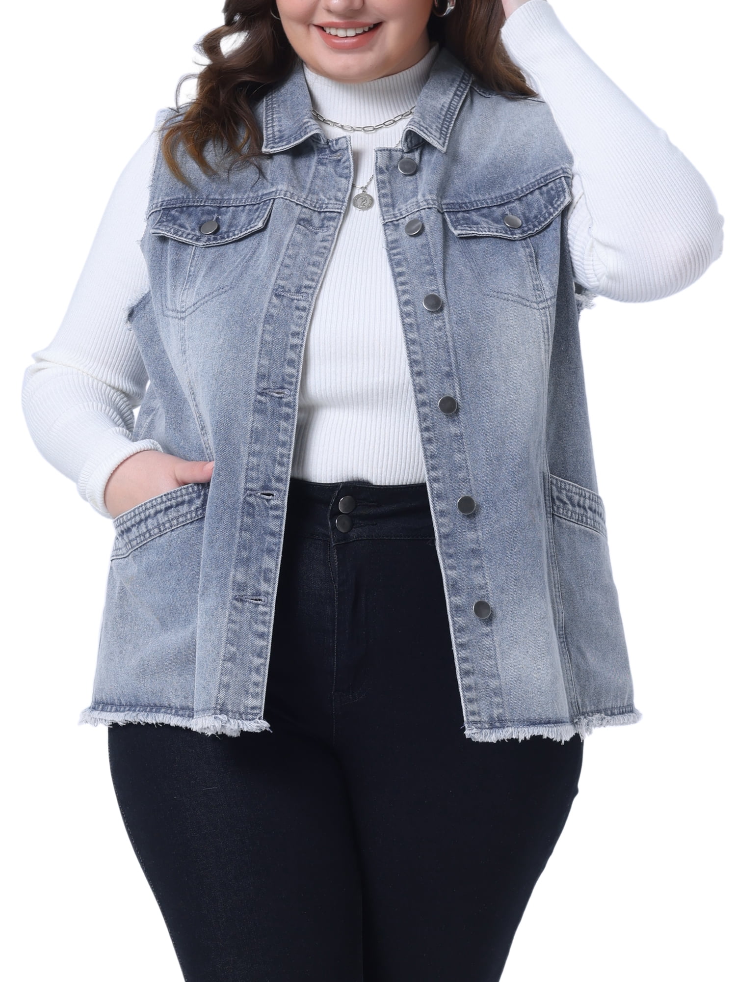 DARING DIVA Women's Plus Size Denim Button Chest Flap Pocket Vest 2X Gray Blue