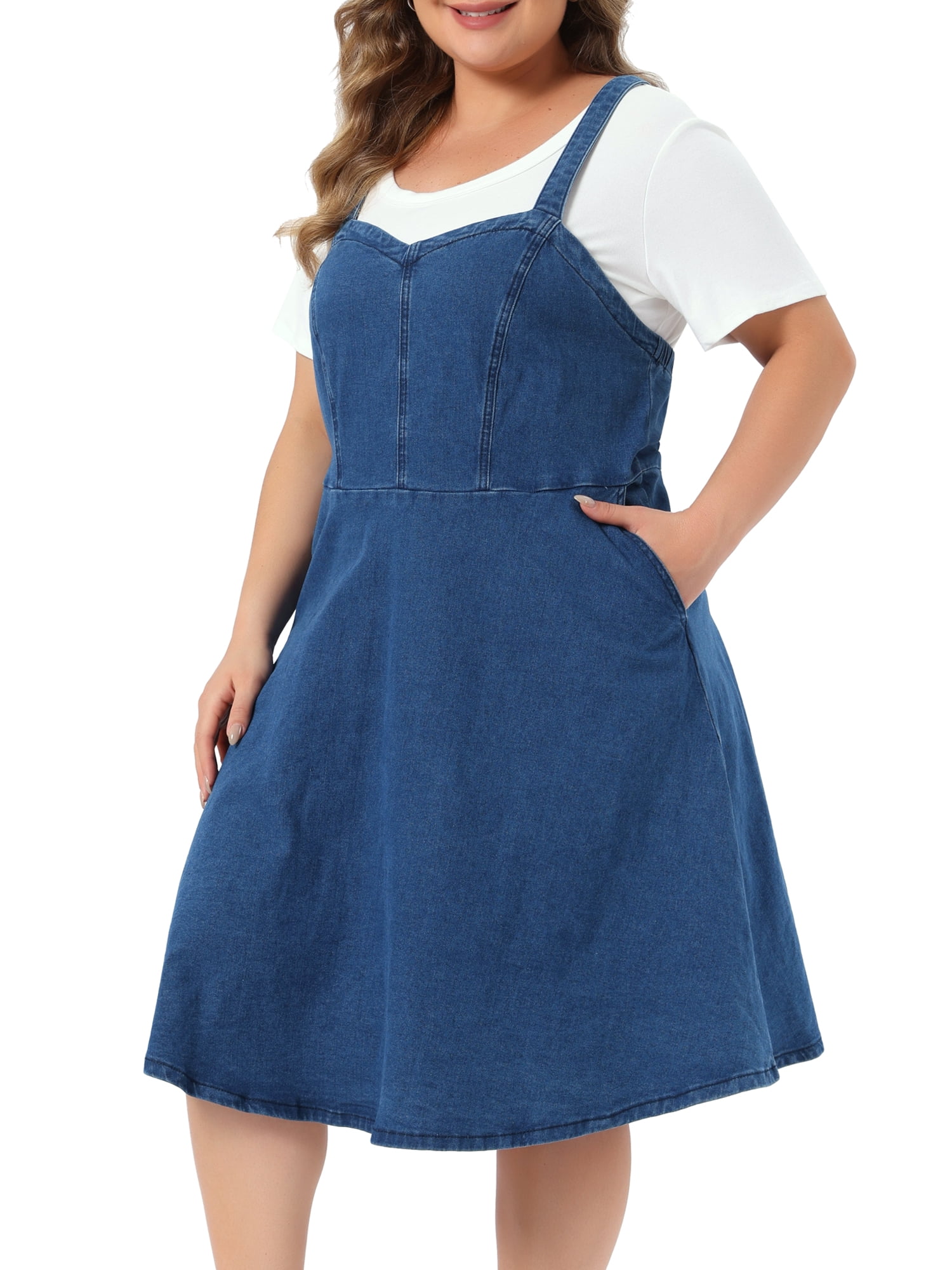 DARING DIVA Women's Plus Size Denim Overall Adjustable Straps Pockets Dress 4X Blue